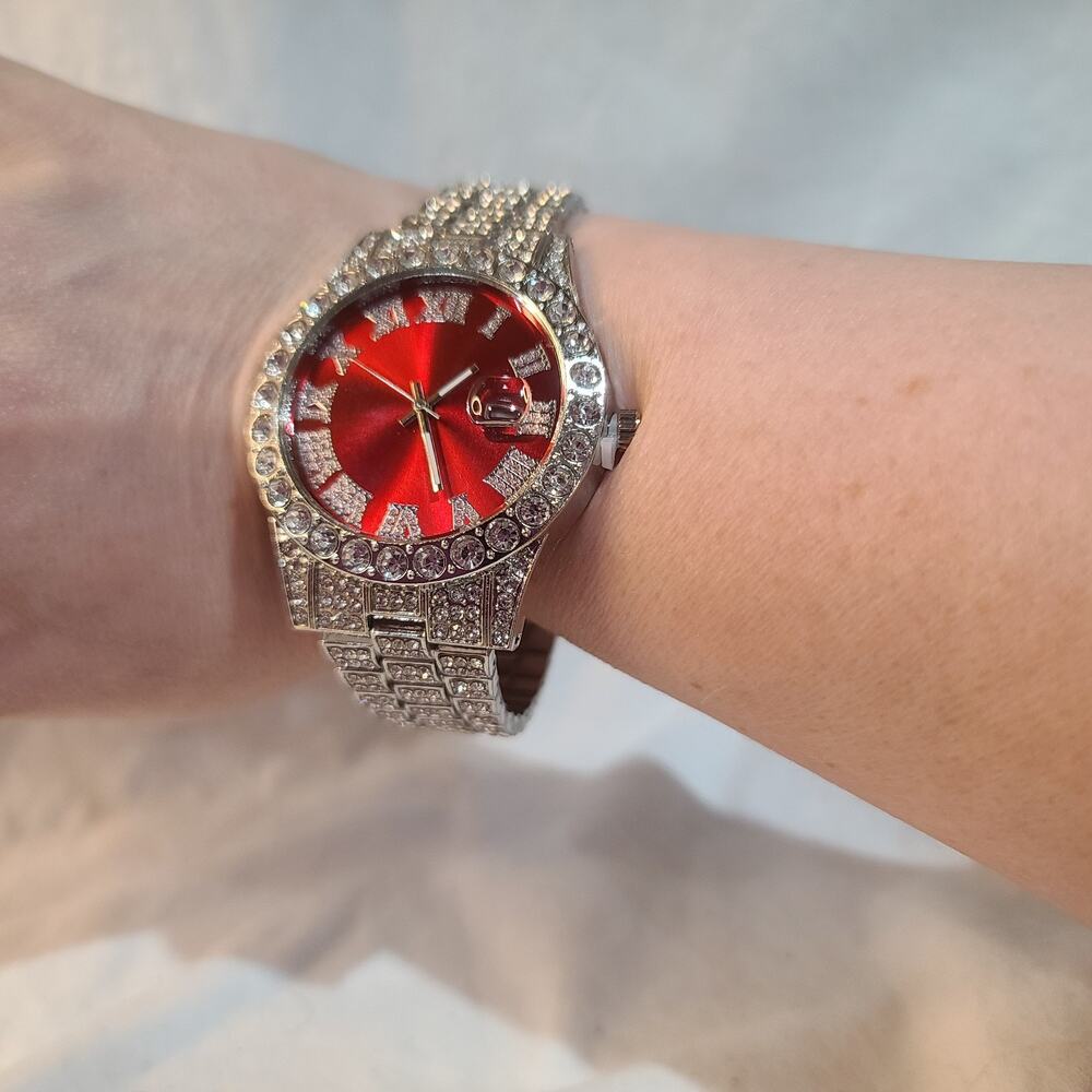 Women's Crystal-Embellished Silver Watch with Red Dial